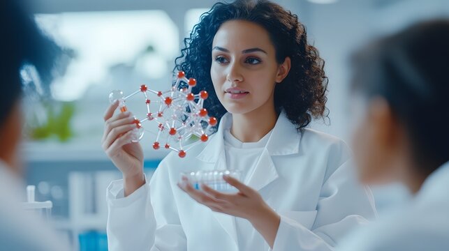 Female Scientist Holding a Molecular Model in a Lab - Powered by Adobe