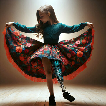 M&auml;dchen mit einer Beinprothese tanzt. Volle Teilhabe am normalen Leben.