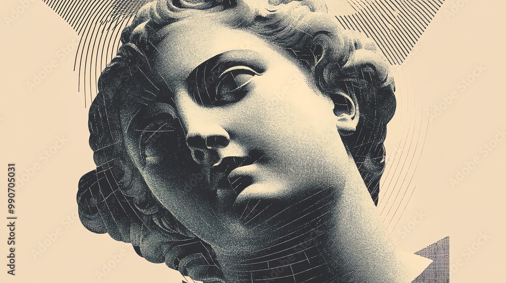 Poster close-up of a statue's face with a geometric pattern overlay.