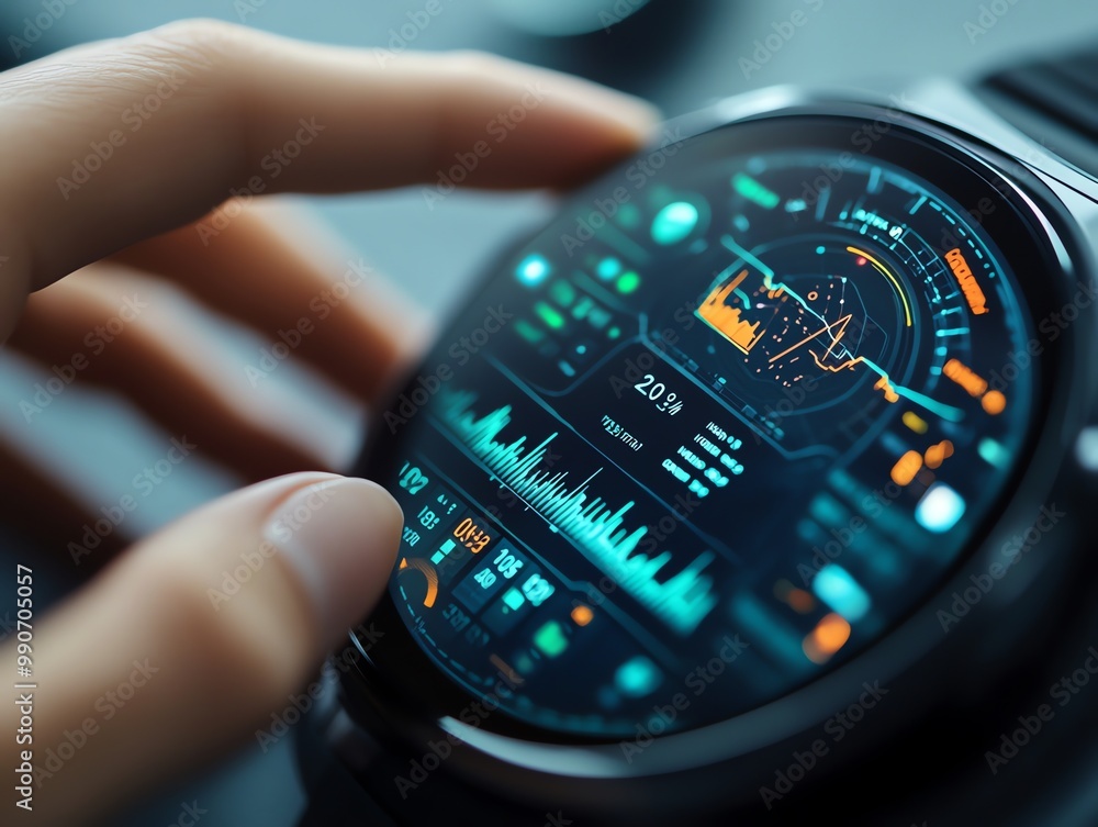 Poster close-up of a finger interacting with a futuristic smartwatch interface.