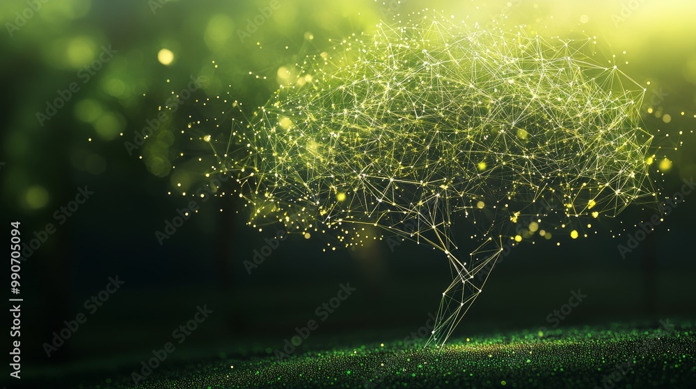 Poster abstract glowing tree with connecting dots and lines on green nature background, technology concept.