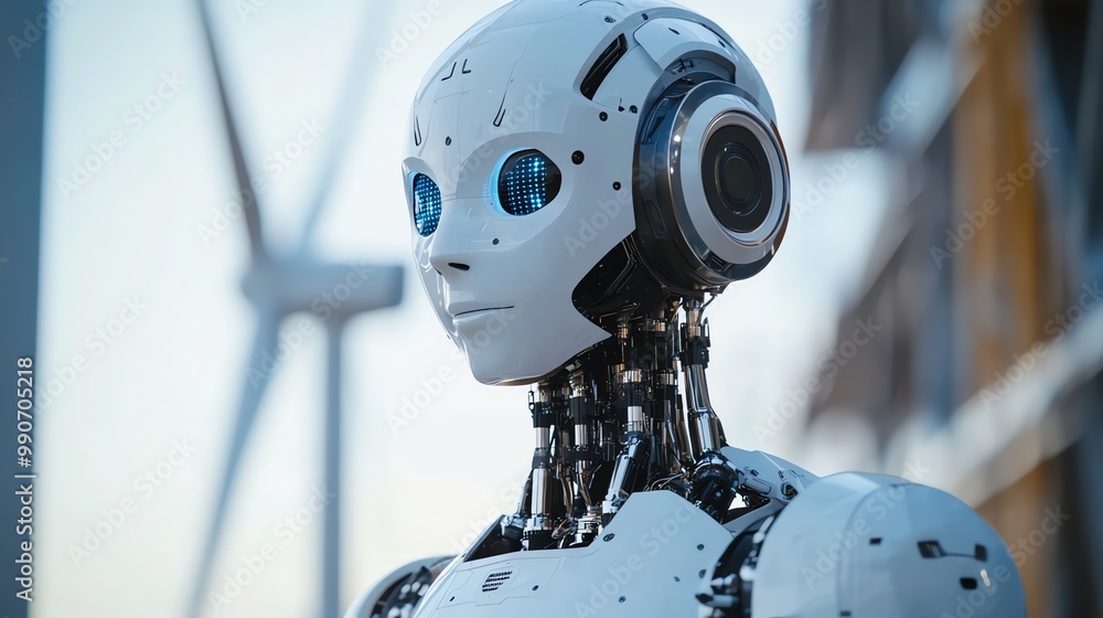 Poster closeup of a futuristic android robot's face with blue eyes, looking forward. wind turbines are visi