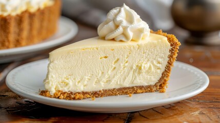 A slice of creamy cheesecake with a graham cracker crust