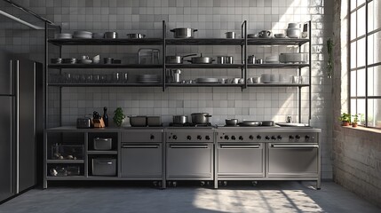 Modern Minimalist Kitchen Room with Wooden Table, luxurious Interior Design, Furniture with Background