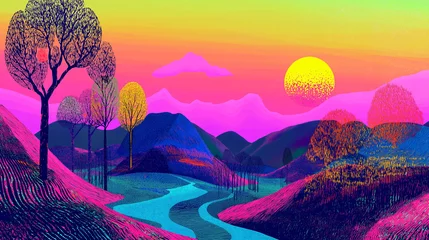 Fotobehang A surreal landscape with a vibrant sunset, two glowing moons, distant mountains, and metallic trees shimmering under a starry sky © Happy Photo Stock