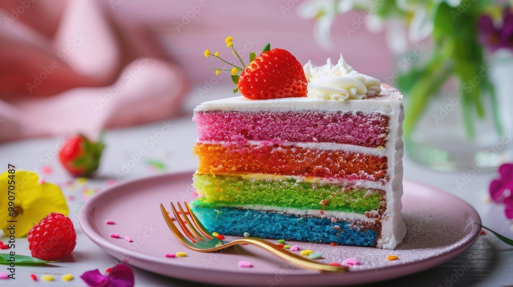 Poster a slice of layered rainbow cake with each layer a different color of the rainbow