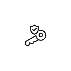 Icon of a key with a shield and checkmark. A key protected by a shield, symbolizing safety and reliability. Editable icon.