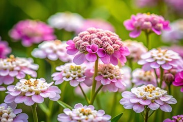 Pastel pink and white candytuft flowers burst forth against a muted green backdrop, their delicate petals swaying