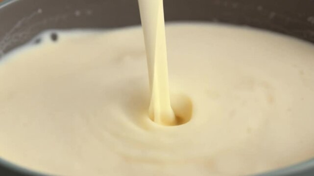 A thick, creamy batter is being poured from a mixing bowl, demonstrating a smooth and well-aerated consistency that suggests it's ready for baking, typically in a home setting