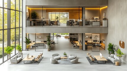 A modern open-plan office with high ceilings, glass partitions, sleek workstations, and collaborative meeting areas, natural light pouring in from large windows,