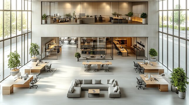 A modern open-plan office with high ceilings, glass partitions, sleek workstations, and collaborative meeting areas, natural light pouring in from large windows,