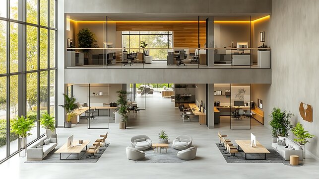 A modern open-plan office with high ceilings, glass partitions, sleek workstations, and collaborative meeting areas, natural light pouring in from large windows,
