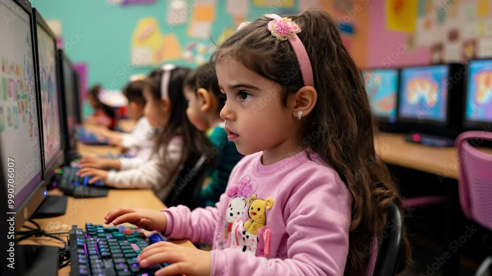 Poster elementary students learning coding, digital literacy in nurturing setting.