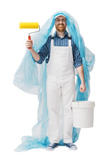 Happy house painter covered with a dust sheet