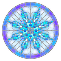 Illustration in stained glass style with an openwork snowflake on a blue background,round image in a bright frame