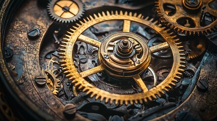 Obraz premium An up-close view reveals the stunningly intricate gears of a vintage timepiece, highlighting exceptional craftsmanship and the artistry of timekeeping.