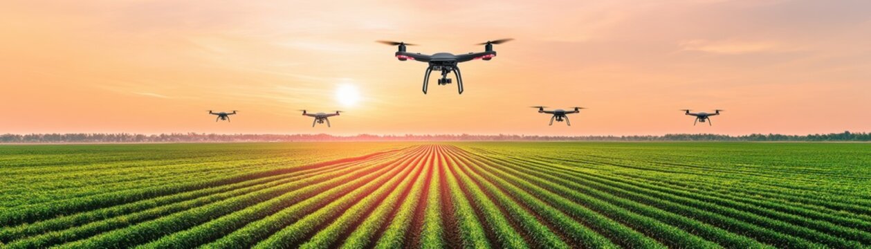 Drones flying over a lush green field during sunset, showcasing modern agricultural technology and farming innovation.