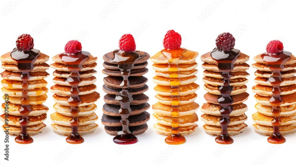 Aufkleber collection of pancake stacks with different toppings (maple, raspberry, chocolate syrup) isolated on