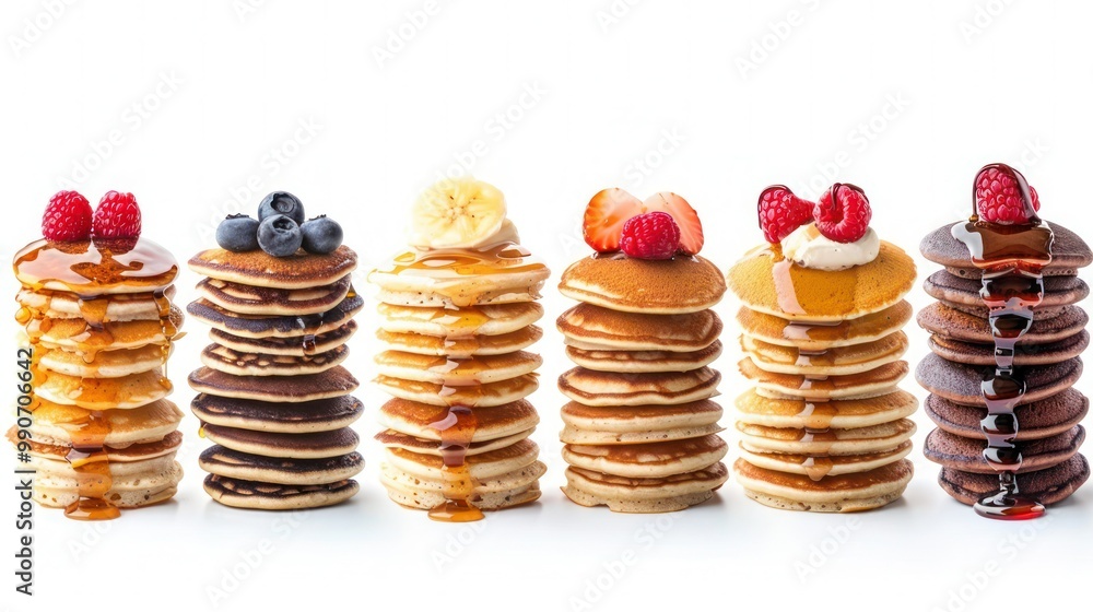 Poster collection of pancake stacks with different toppings (maple, raspberry, chocolate syrup) isolated on