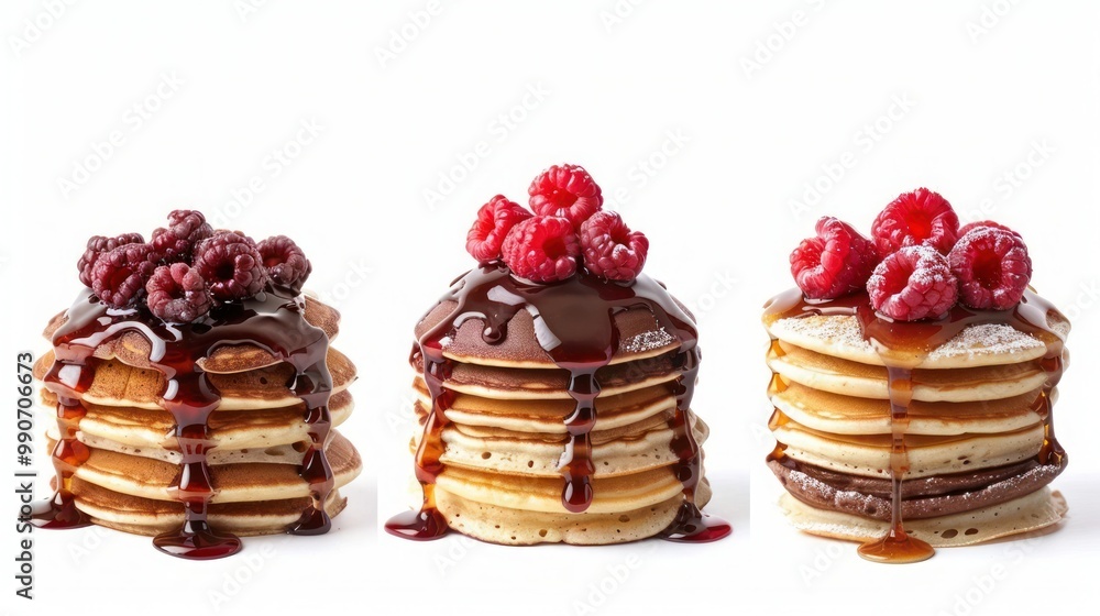 Aufkleber collection of pancake stacks with different toppings (maple, raspberry, chocolate syrup) isolated on