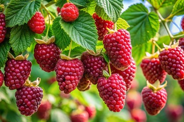 Ripe loganberries hang tantalizingly from lush, green branches, their vibrant red color deepening to a rich,