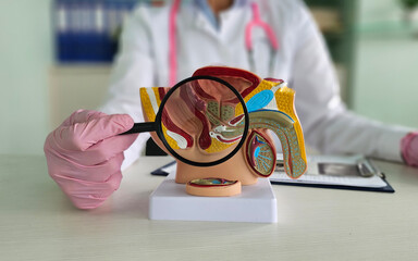 Urologist holds magnifying glass over male reproductive system model