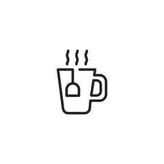 A mug of tea with a tea bag and steam on icon. A black line art icon of a mug with a tea bag and steam rising from the top. Editable icon.