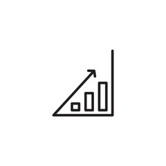 Simple icon of a graph with increasing values. A black line art icon of a bar graph with an arrow pointing upwards, indicating growth. Editable icon.