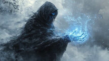 Obraz premium A mysterious figure in a dark cloak conjures blue energy amidst a stormy backdrop.
