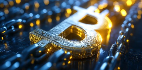 Closeup of a golden Bitcoin symbol on a chain of silver links.