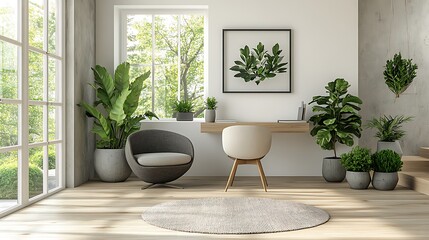 Fototapeta premium A modern Scandinavian office space with minimalist furniture, light wood flooring, white walls, and greenery in the corners, large windows allowing natural light to pour in,