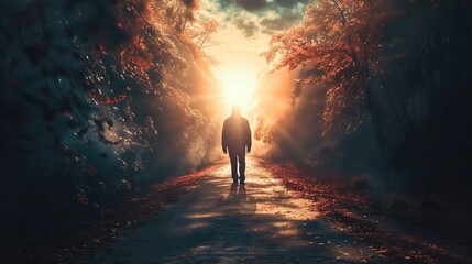 Fototapeta premium Silhouette of a Man Standing at the End of a Tunnel of Light Symbolizing the Concept of Enlightenment