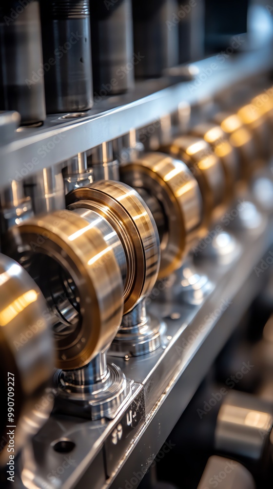 Poster close-up of a row of shiny golden gears and rollers on a metal machine.
