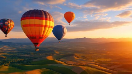 Obraz premium A group of hot air balloons flying over a green landscape, AI