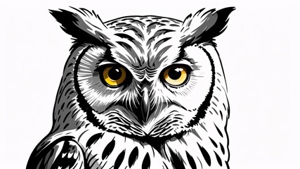 Fototapeta premium Black and white illustration of an owl with yellow eyes.