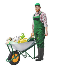 Gardener pushing a wheelbarrow full of gardening products