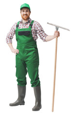 Smiling farmer using a rake