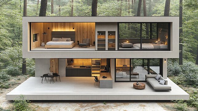 A modern tiny house with an open floor plan, large floor-to-ceiling windows, smart storage solutions integrated into sleek wooden walls, a small kitchenette and lofted bedroom, surrounded by nature,