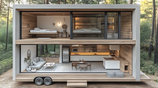 A modern tiny house with an open floor plan, large floor-to-ceiling windows, smart storage solutions integrated into sleek wooden walls, a small kitchenette and lofted bedroom, surrounded by nature,