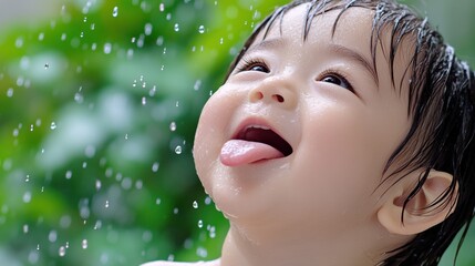 A young child sticking tongue out while standing under a shower, AI