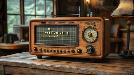 A 3D render of a pastel color retro radio. The radio is a vintage model