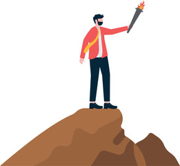 business man holding a torch on the top of the mountain

