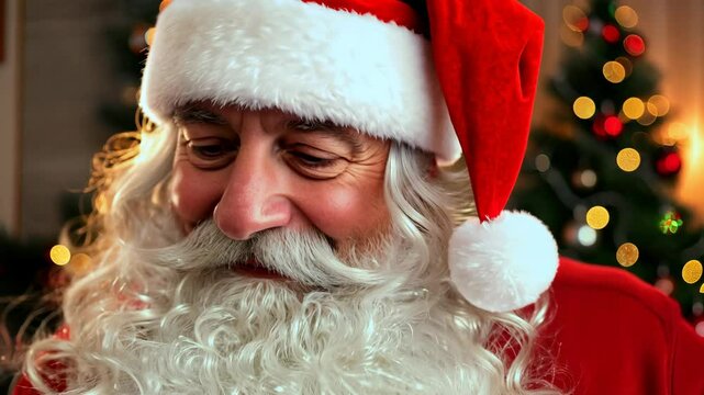 Santa Smiling and Holding a Christmas Present in a Festive Room