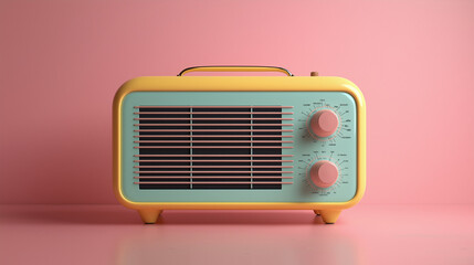 A 3D render of a pastel color retro radio. The radio is a vintage model