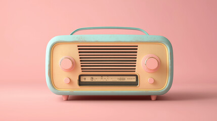 A 3D render of a pastel color retro radio. The radio is a vintage model