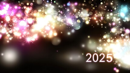 Obraz premium Glowing celebration of the new year 2025 with bright lights and colorful bokeh on a dark backdrop, illuminating hopes and dreams
