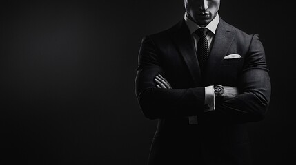 A self-assured figure in a tailored suit stands with arms crossed, exuding an air of superiority as they look down on those around them.