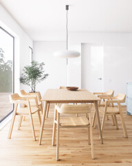 A beautifully decorated modern minimalist dining room filled with abundant natural light