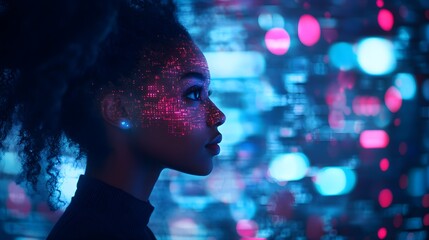 Remote work scene, African American woman in profile, glowing AR data and AI visual effects, futuristic, inclusive workplace, cyberpunk influence, dark neon blue background