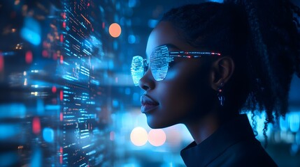 Remote work scene, African American woman in profile, glowing AR data and AI visual effects, futuristic, inclusive workplace, cyberpunk influence, dark neon blue background